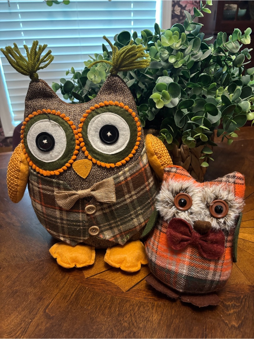 Plaid Owl Pair in Brown, Orange & Green